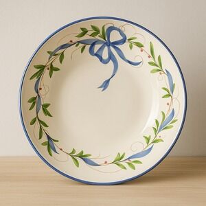 Laurie Gates Los Angeles Pottery 12″ HandPainted Blue Ribbon & Leaf Serving Bowl